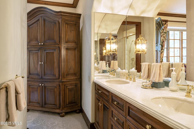 443 Beaver Dam Rd, Vail, CO 81657 - bathroom featuring double vanity, crown molding, and a shower
