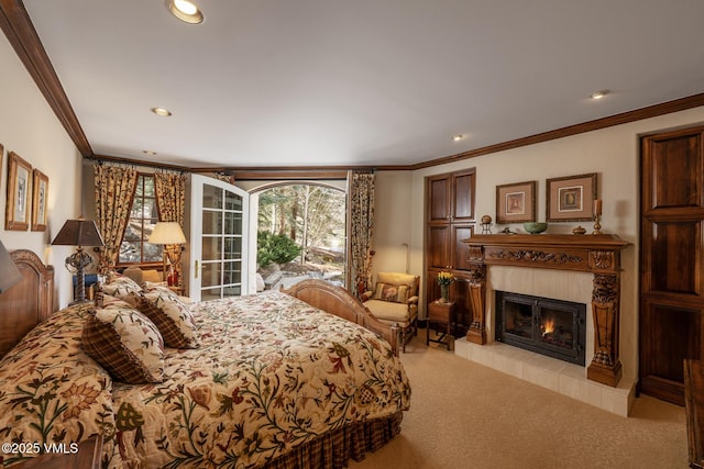 443 Beaver Dam Rd, Vail, CO 81657 - carpeted bedroom with ornamental molding, a tile fireplace, and recessed lighting