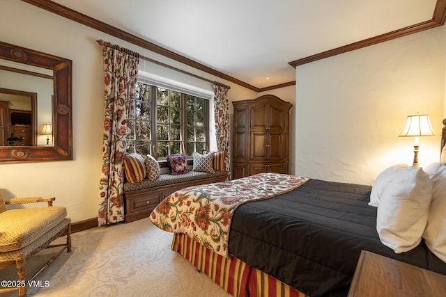443 Beaver Dam Rd, Vail, CO 81657 - bedroom featuring baseboards, light carpet, and ornamental molding