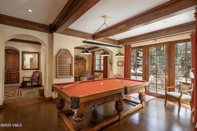 443 Beaver Dam Rd, Vail, CO 81657 - recreation room featuring crown molding, billiards table, baseboards, hardwood / wood-style flooring, and beamed ceiling