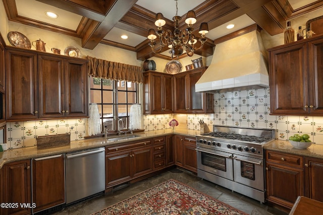 443 Beaver Dam Rd, Vail, CO 81657 - kitchen with appliances with stainless steel finishes, a sink, custom exhaust hood, coffered ceiling, and a chandelier