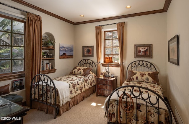 443 Beaver Dam Rd, Vail, CO 81657 - bedroom featuring carpet flooring, multiple windows, crown molding, and recessed lighting