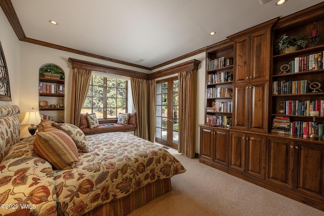443 Beaver Dam Rd, Vail, CO 81657 - bedroom featuring light carpet, crown molding, access to exterior, and recessed lighting