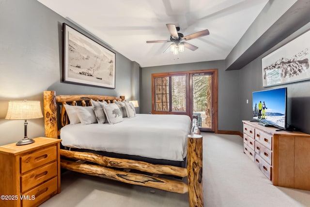 205 Bear Paw Unit B102, Avon, CO 81620 - bedroom featuring a ceiling fan, baseboards, light carpet, and access to exterior
