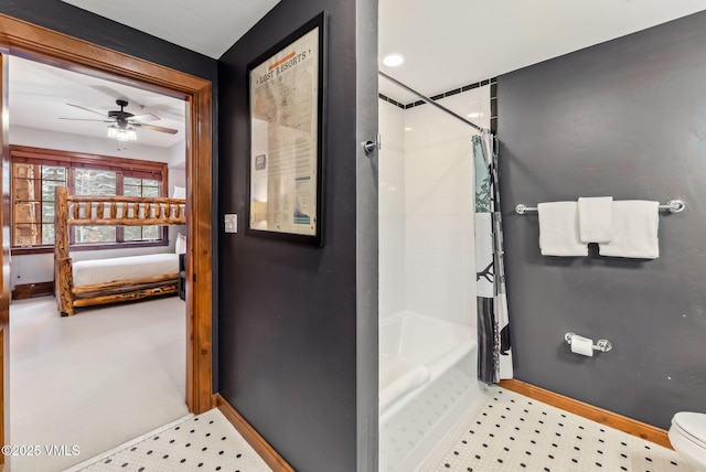 205 Bear Paw Unit B102, Avon, CO 81620 - ensuite bathroom featuring connected bathroom, ceiling fan, toilet, tile patterned floors, and baseboards