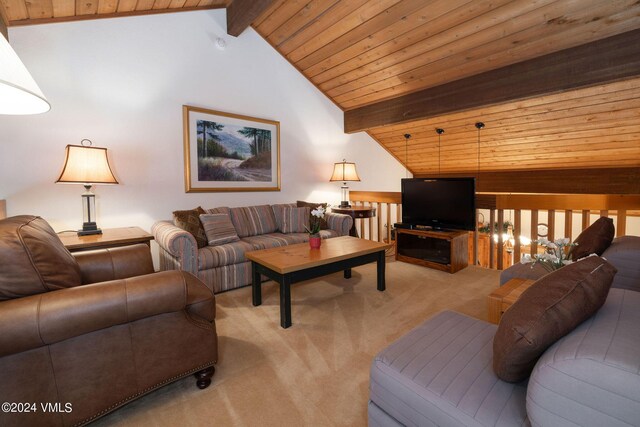 living room featuring light colored carpet, beam ceiling, high vaulted ceiling, and wooden ceiling