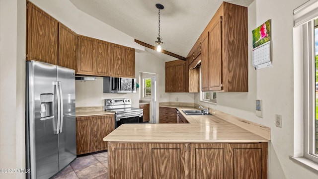 541 20 1/2 Rd, Grand Junction, CO 81505 - kitchen with appliances with stainless steel finishes, lofted ceiling, a peninsula, light countertops, and brown cabinetry