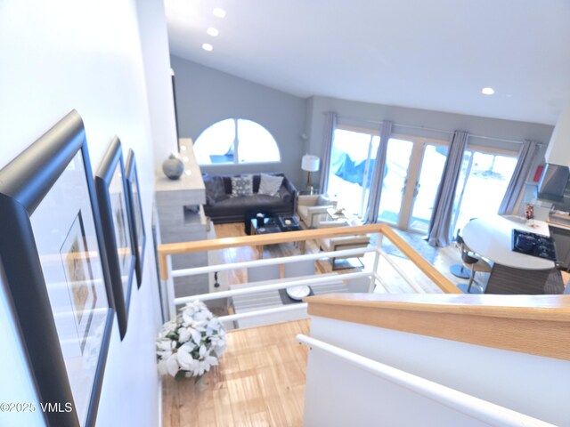 living room featuring french doors and wood-type flooring