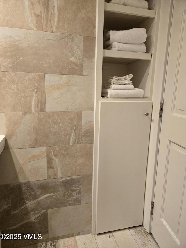 bathroom with hardwood / wood-style floors