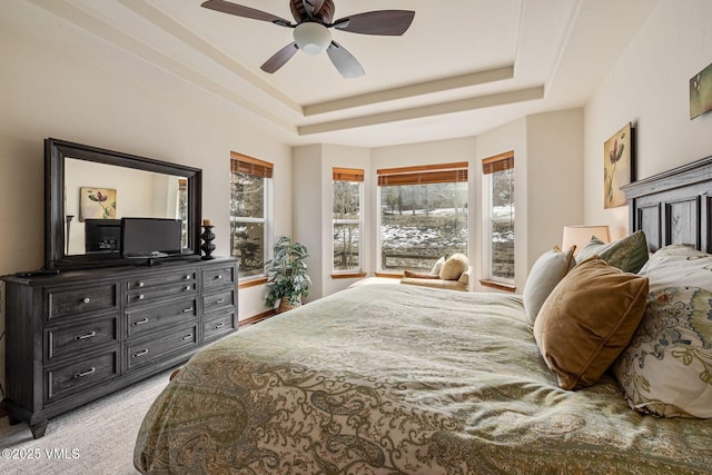 bedroom featuring a ceiling fan and a tray ceiling