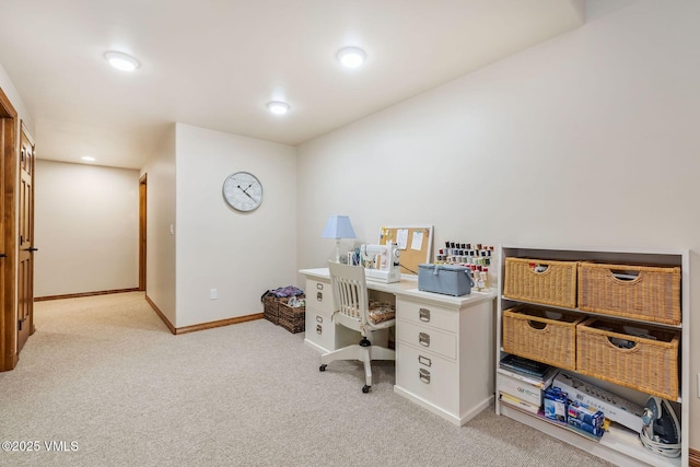 office space with light carpet, baseboards, and recessed lighting