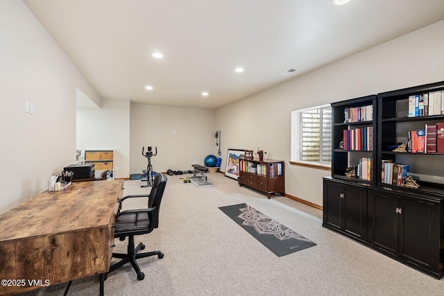 home office with carpet, visible vents, baseboards, and recessed lighting