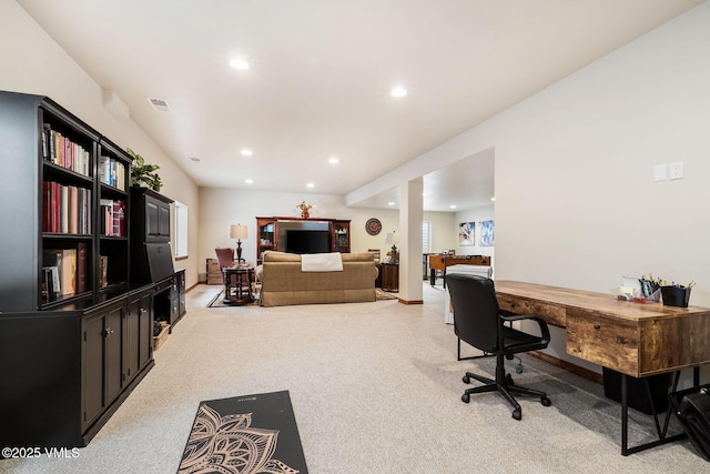 office area with light carpet, visible vents, and recessed lighting