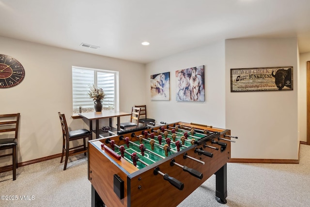 game room with recessed lighting, light colored carpet, visible vents, and baseboards