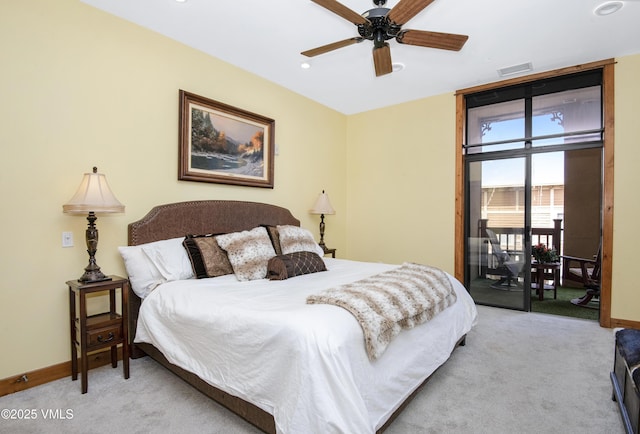 295 Main St Unit R-306, Edwards, CO 81632 - bedroom with access to outside, light carpet, baseboards, recessed lighting, and a ceiling fan