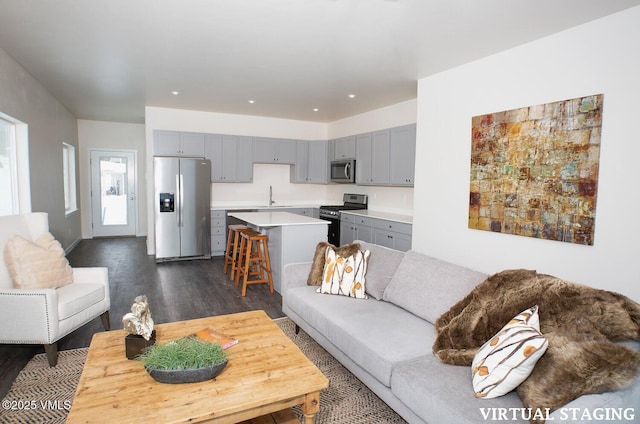 living room with sink and dark hardwood / wood-style floors