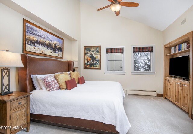 bedroom with lofted ceiling, a baseboard heating unit, light colored carpet, and ceiling fan