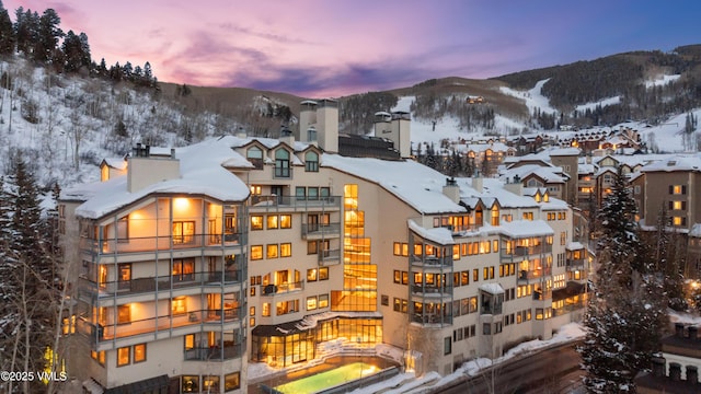 snow covered property with a mountain view