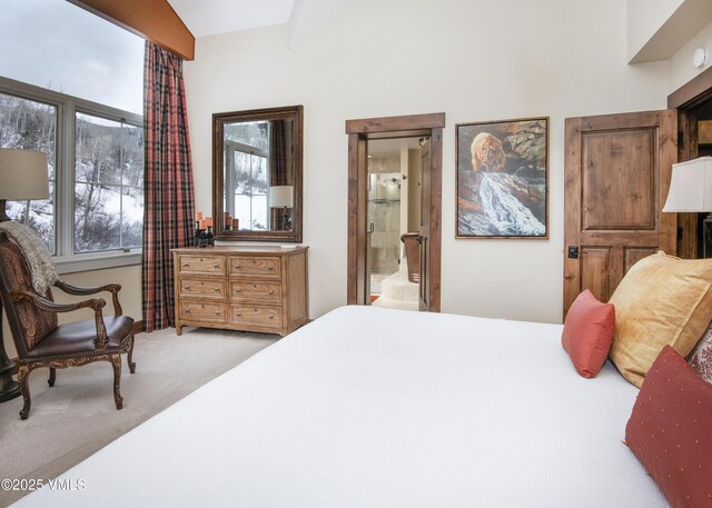 carpeted bedroom with lofted ceiling and ensuite bath