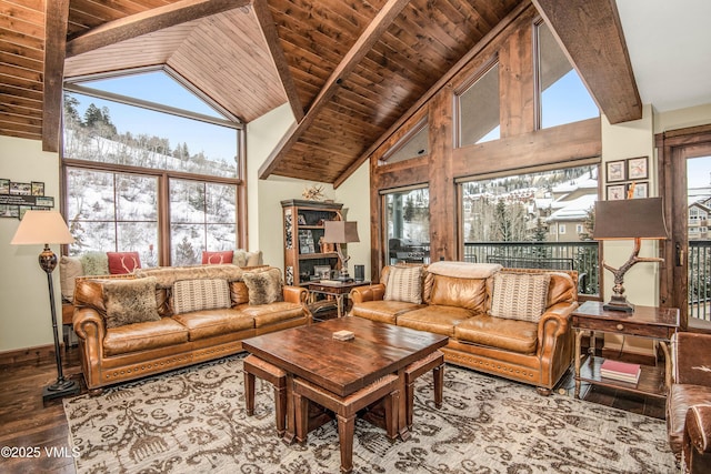 living room featuring wood-type flooring, high vaulted ceiling, and wood ceiling