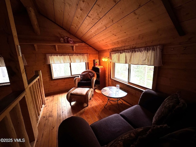 1234 6th St, Eagle, CO 81631 - living room with wooden walls, lofted ceiling, hardwood / wood-style flooring, and wood ceiling
