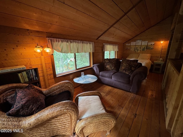 1234 6th St, Eagle, CO 81631 - living room with wooden walls, lofted ceiling, wood-type flooring, and wooden ceiling
