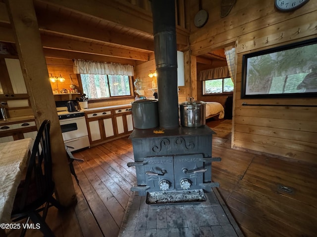 1234 6th St, Eagle, CO 81631 - kitchen with white gas range, wood walls, wood-type flooring, and a wood stove