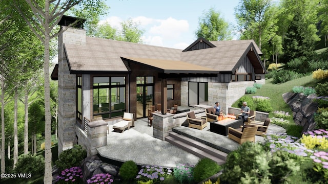 back of house with a patio area, stone siding, an outdoor living space with a fire pit, and a chimney