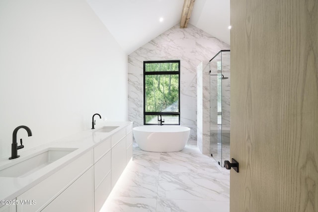 880 Forest Trl, Edwards, CO 81632 - bathroom featuring a marble finish shower, a freestanding bath, marble tiled flooring, and double vanity