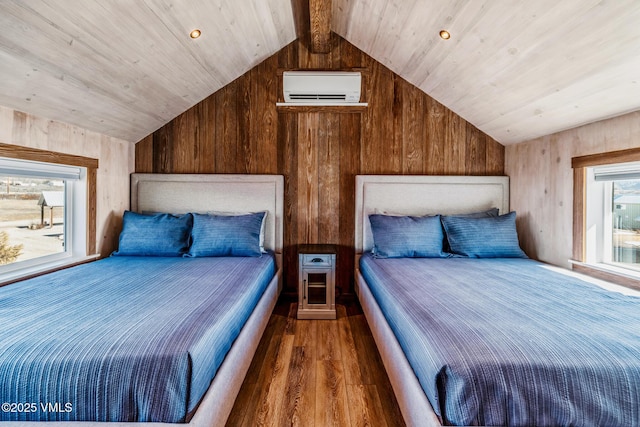 329 River Frontage Rd Unit 18, Silt, CO 81652 - bedroom with wooden walls, a wall mounted air conditioner, lofted ceiling with beams, and wood finished floors