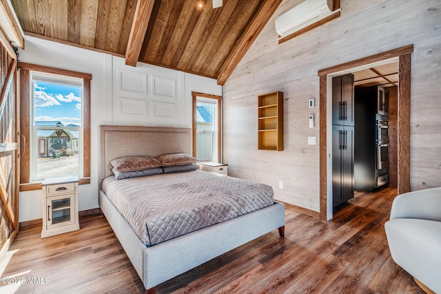 329 River Frontage Rd Unit 18, Silt, CO 81652 - bedroom with wood finished floors, wooden ceiling, vaulted ceiling, and a wall mounted AC