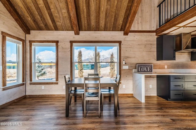 329 River Frontage Rd Unit 18, Silt, CO 81652 - unfurnished dining area featuring dark wood finished floors, wood ceiling, a healthy amount of sunlight, and vaulted ceiling with beams