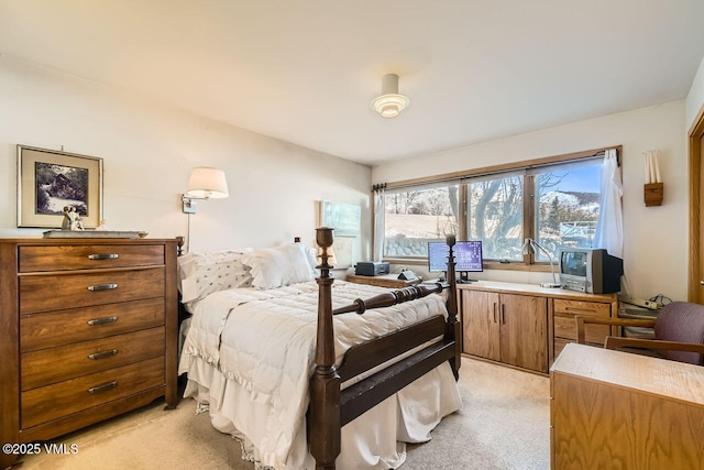 bedroom featuring light colored carpet