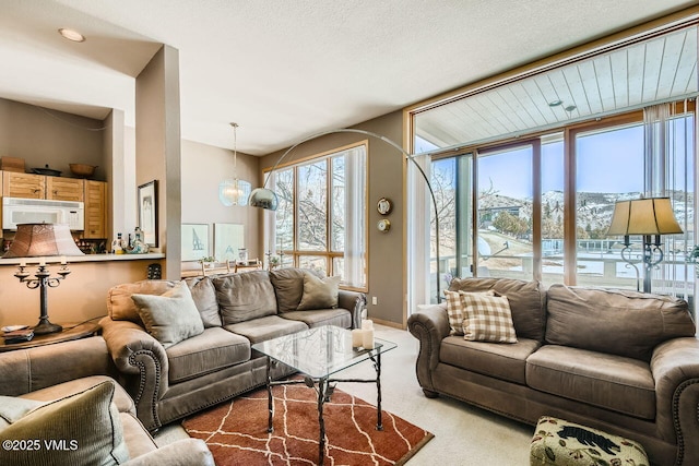 living room featuring a chandelier, baseboards, a textured ceiling, and carpet