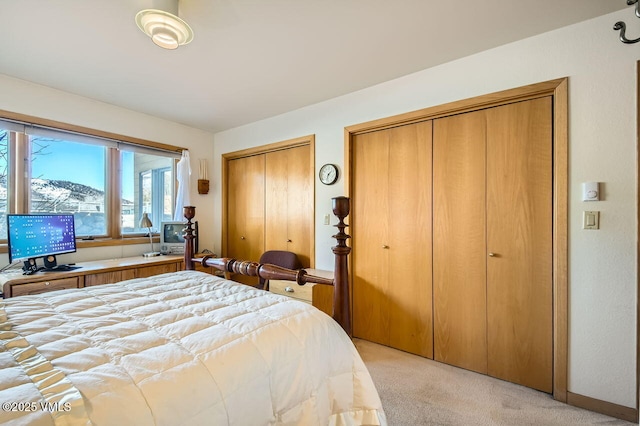 bedroom with multiple closets and light carpet