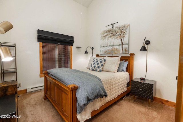 5024 Main Gore Dr S Unit 16, Vail, CO 81657 - bedroom featuring baseboard heating, light carpet, baseboards, and a towering ceiling