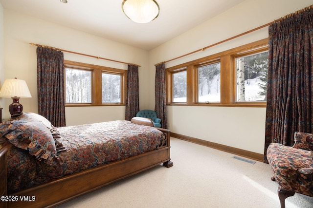 bedroom with carpet, visible vents, and baseboards