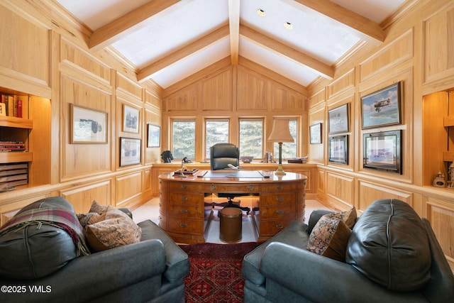 home office featuring lofted ceiling with beams, a decorative wall, built in shelves, and wood walls