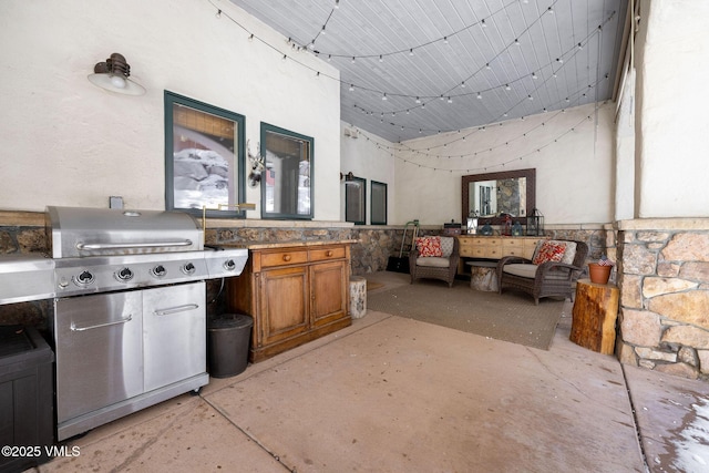 kitchen with brown cabinets and concrete floors