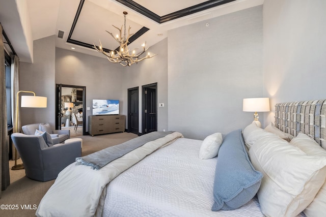 bedroom featuring beam ceiling, coffered ceiling, a towering ceiling, carpet floors, and a chandelier