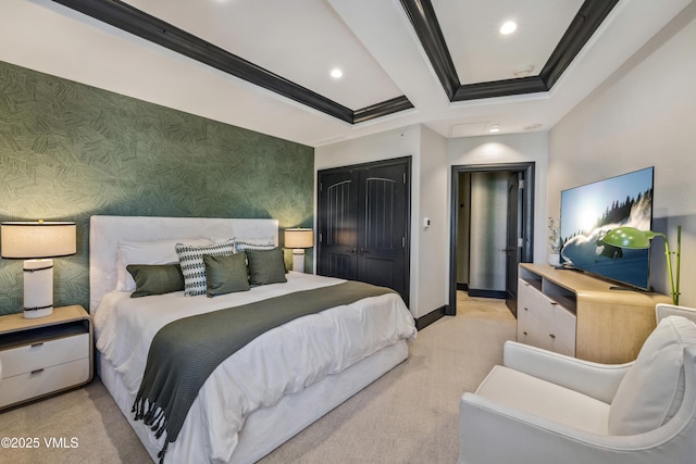 bedroom with baseboards, wallpapered walls, recessed lighting, ornamental molding, and light carpet