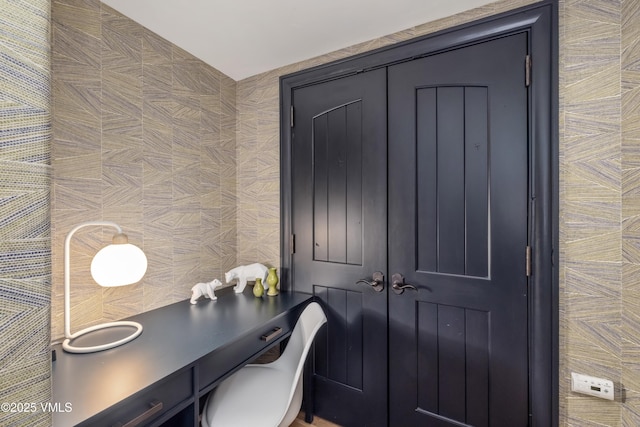 home office featuring tile walls