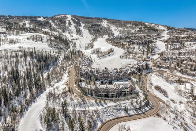 snowy aerial view featuring a mountain view