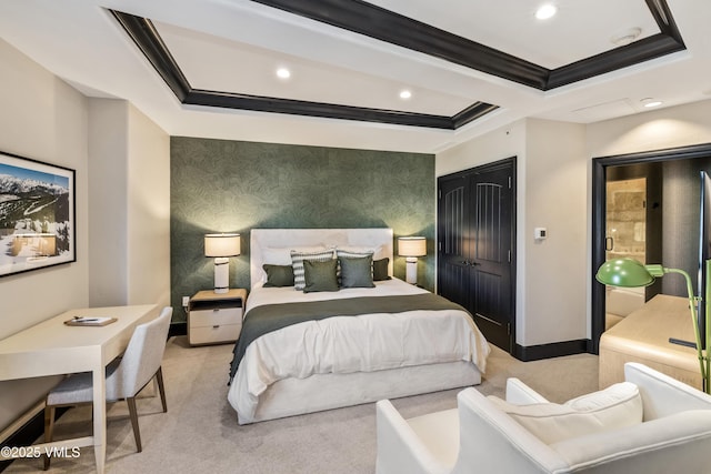 bedroom featuring baseboards, wallpapered walls, ornamental molding, light carpet, and an accent wall