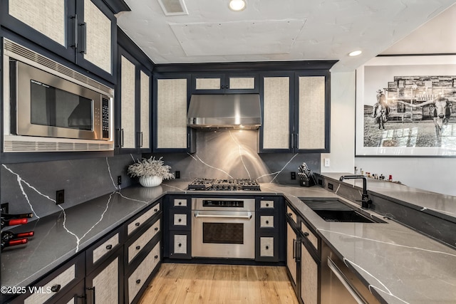 kitchen featuring under cabinet range hood, a sink, stainless steel appliances, light wood finished floors, and decorative backsplash