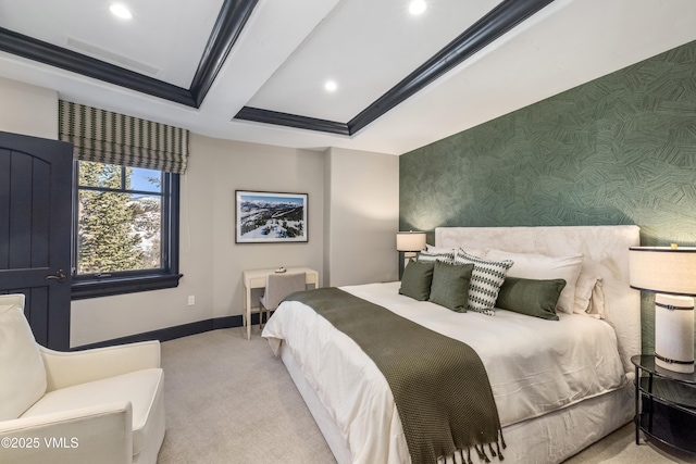 carpeted bedroom with beamed ceiling, recessed lighting, wallpapered walls, baseboards, and an accent wall