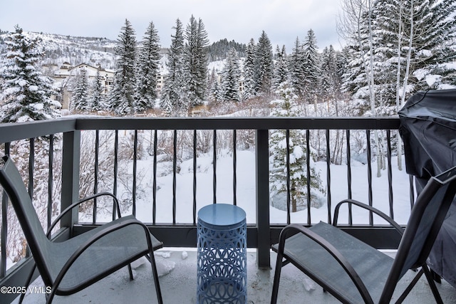 view of snow covered back of property