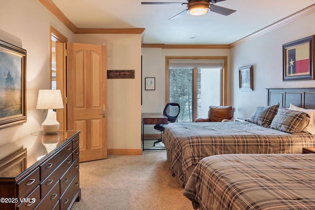 bedroom with light carpet, baseboards, a ceiling fan, and crown molding