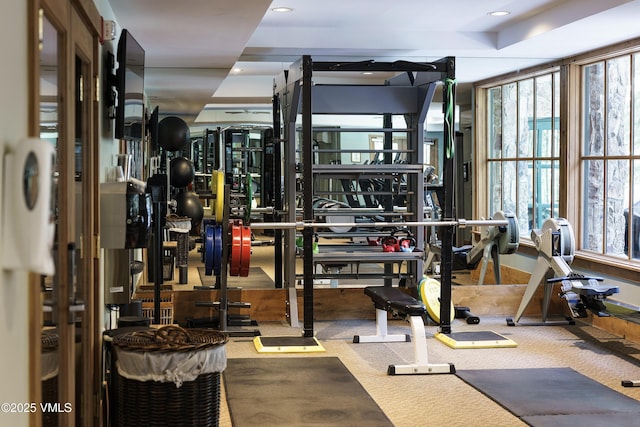 exercise room with carpet floors