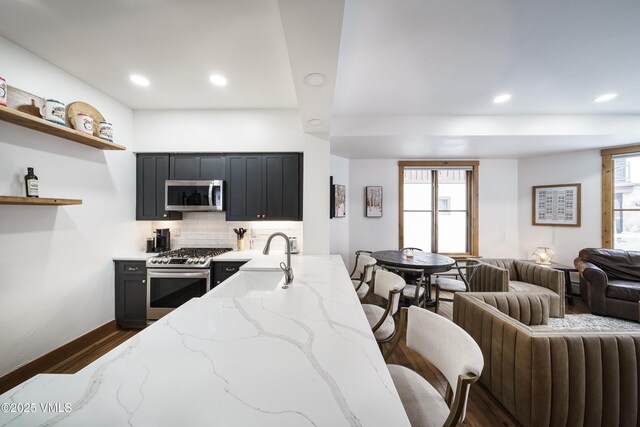 kitchen with appliances with stainless steel finishes, tasteful backsplash, sink, dark hardwood / wood-style flooring, and light stone counters